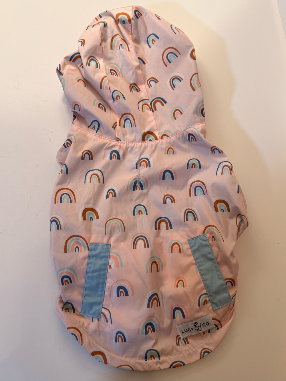 Lucy & Co. Reversible Blue/Rainbow Hooded Raincoat for Dog